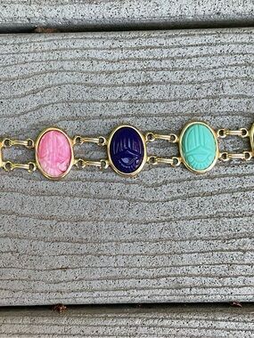 Vintage Gold-Tone Scarab Link Bracelet with Pink, Navy & Aqua Stones 8”
